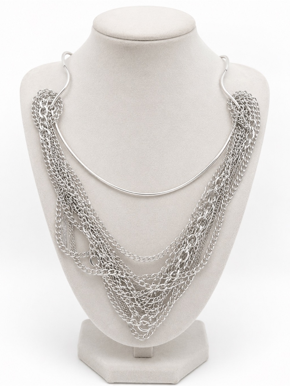 Multi-Chain Silver Necklace with Smooth Choker Bar - Women Jewelry